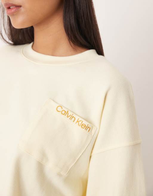 Calvin Klein - Felpa corta in jersey giallo burro con logo, 4 di 4