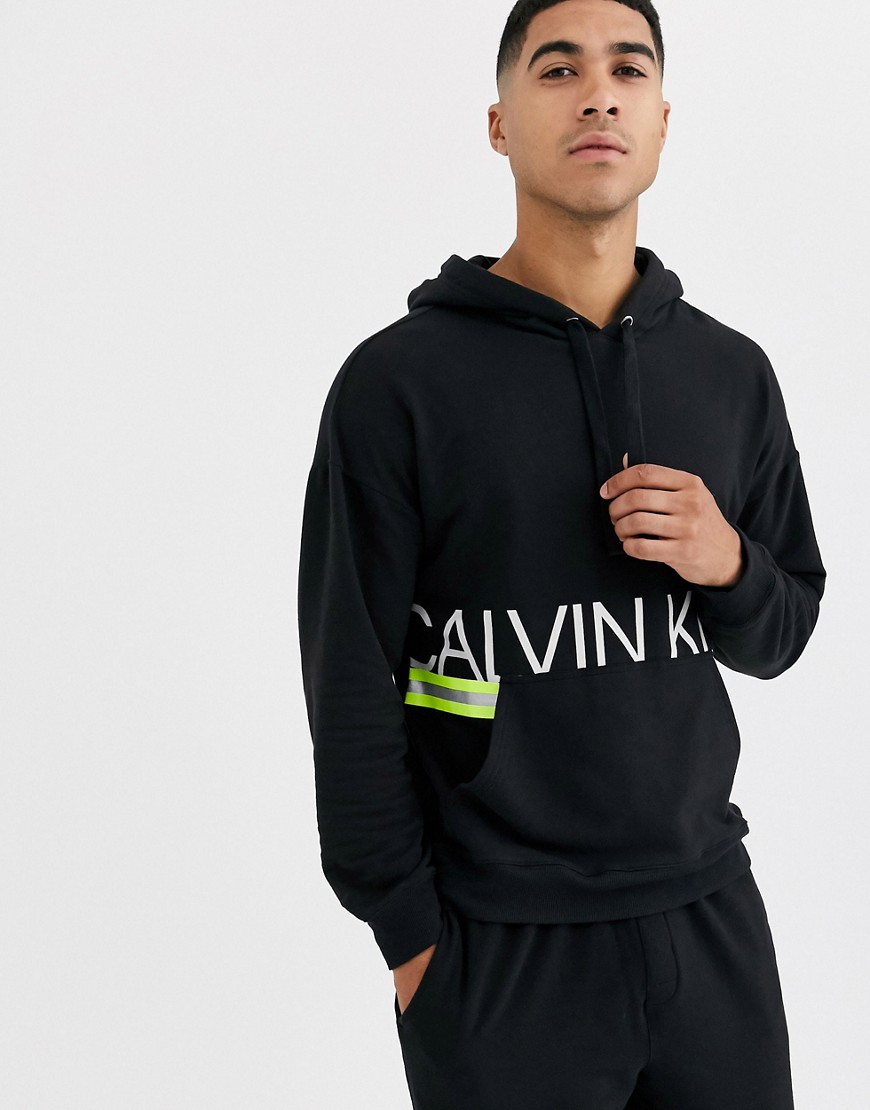 Calvin Klein - Felpa nera con cappuccio e logo fluo-Nero