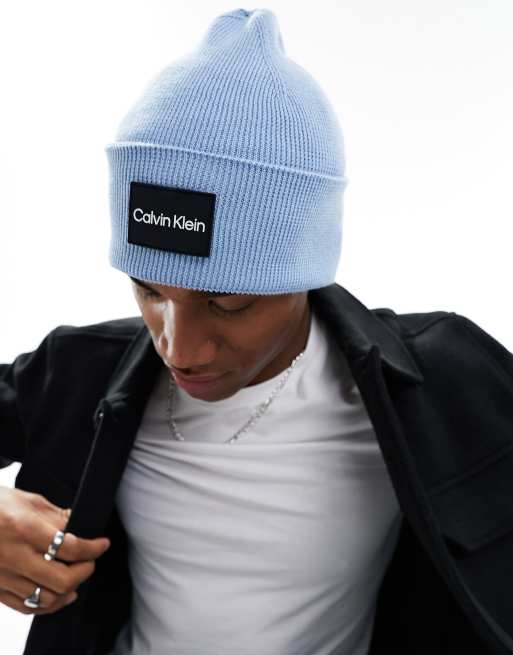 Calvin Klein fine cotton ribbed beanie hat in light blue