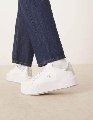 Calvin Klein flatform lace up sneakers with silver tabs in white