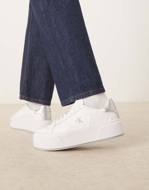 Calvin Klein flatform lace up sneakers with silver tabs in white - view 1