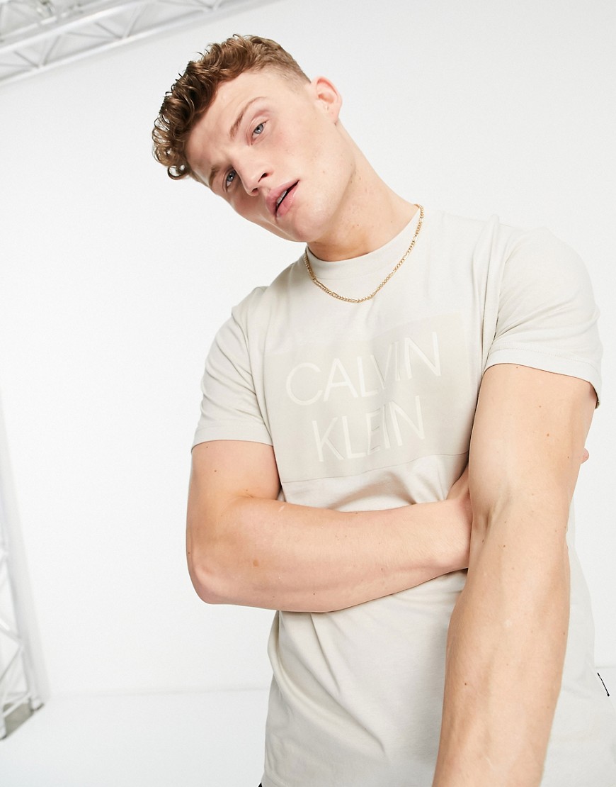 Calvin Klein flock box logo t-shirt in bleached stone-Neutral