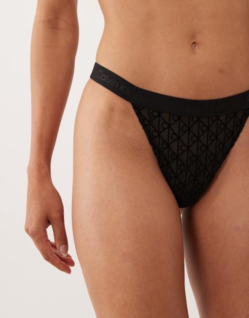 Calvin Klein flocked high leg thong in black, 2 of 4