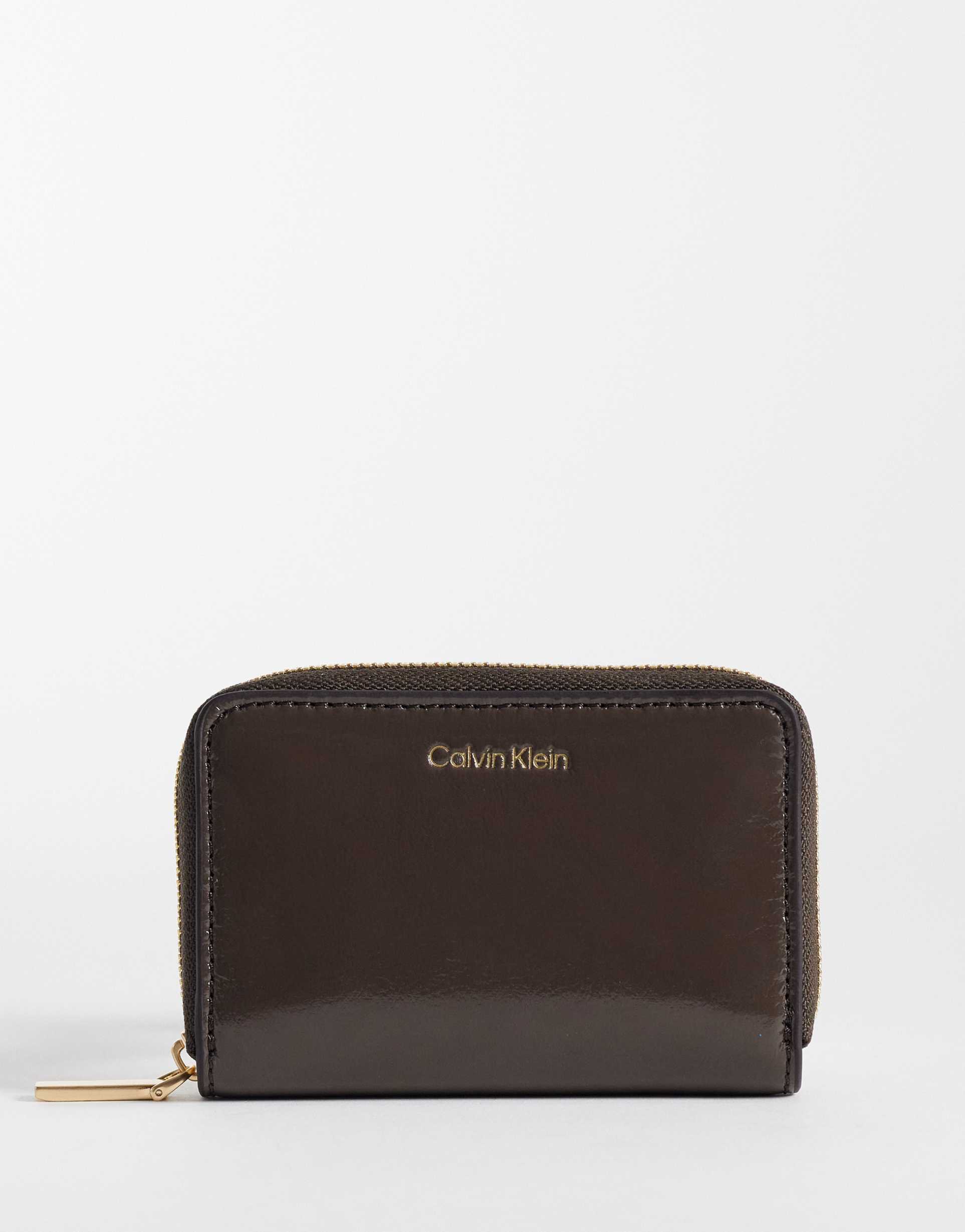 calvin klein foil logo glossy zip wallet in chocolate brown