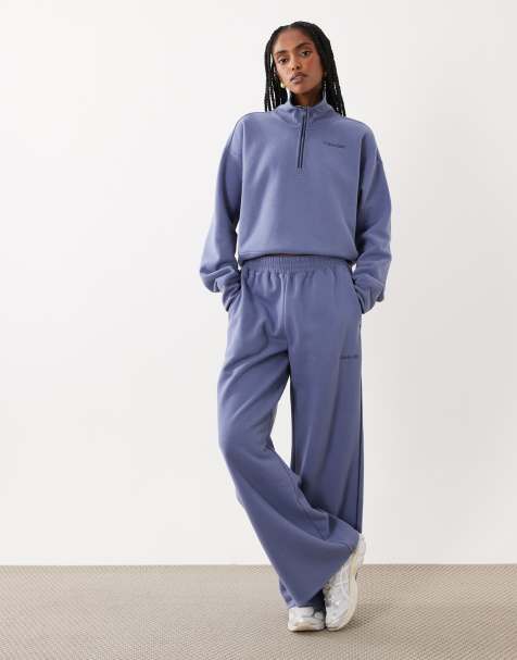 Calvin Klein French Terry geborstelde co-ord set met wijde pijpen en biesdetail in stone blue - view 1