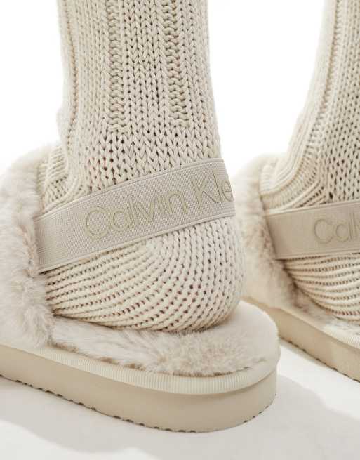 Calvin Klein fur strap slippers in off white, 2 of 4