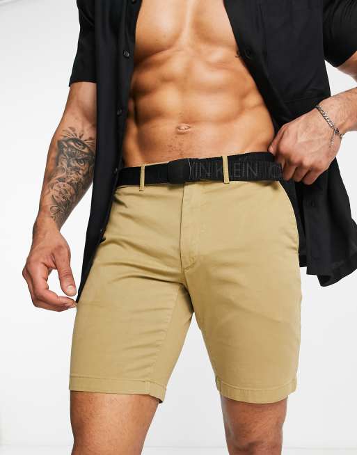 Calvin Klein garment dyed chino shorts with belt in tan