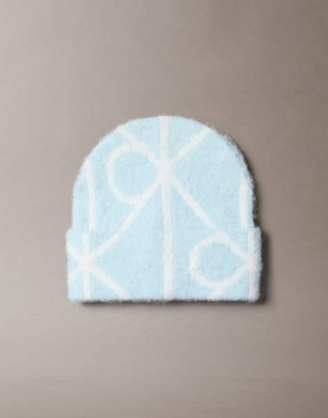 Calvin Klein - Geborstelde beanie met embleemprint in ijsblauw - view 1