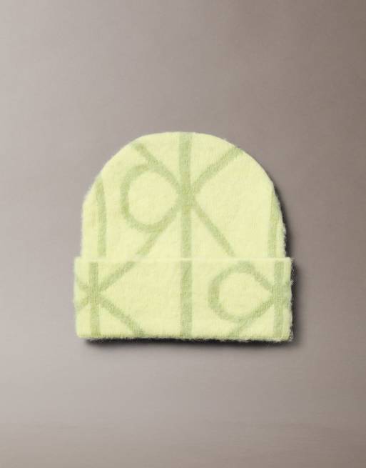 Calvin Klein - Geborstelde beanie met embleemprint in limoengroen