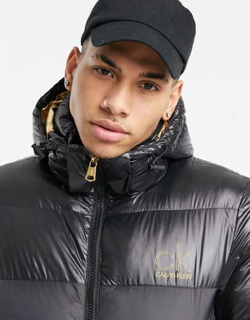 Calvin klein small logo hooded puffer jacket in black new arrivals