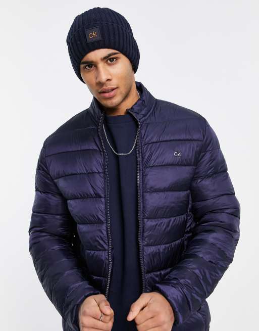 Calvin Klein Golf – Granatowo-pomarańczowa dzianinowa czapka beanie o grubym splocie