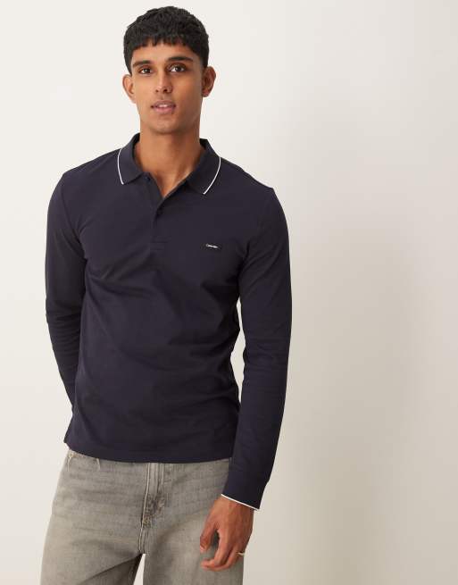 Calvin Klein – Granatowa koszulka polo z długim rękawem i lamówkami z piki ze stretchem