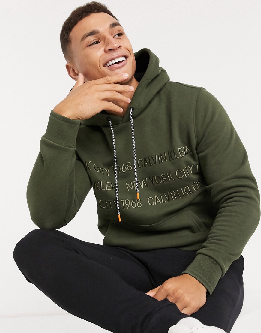 Calvin Klein graphic logo embroidery hoodie in khaki-Green