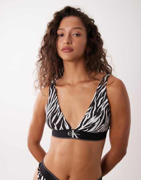 Calvin Klein Graphic Logo lightly lined triangle bra in black tiger print - view 1