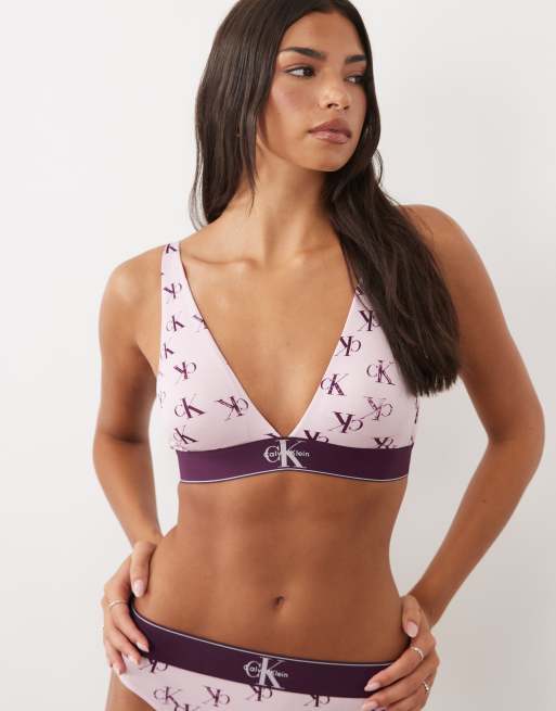 Calvin Klein Graphic logo print lightly lined triangle bra in pink, 2 of 4