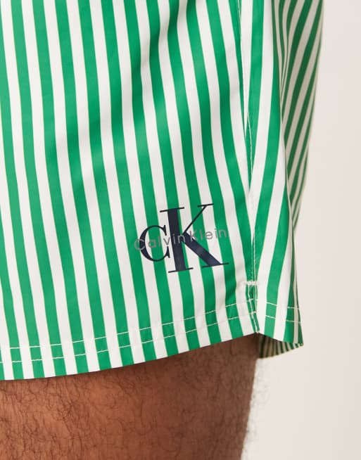 Calvin Klein – Grün gestreifte Badeshorts mit Kordelzugbund, 3 von 4