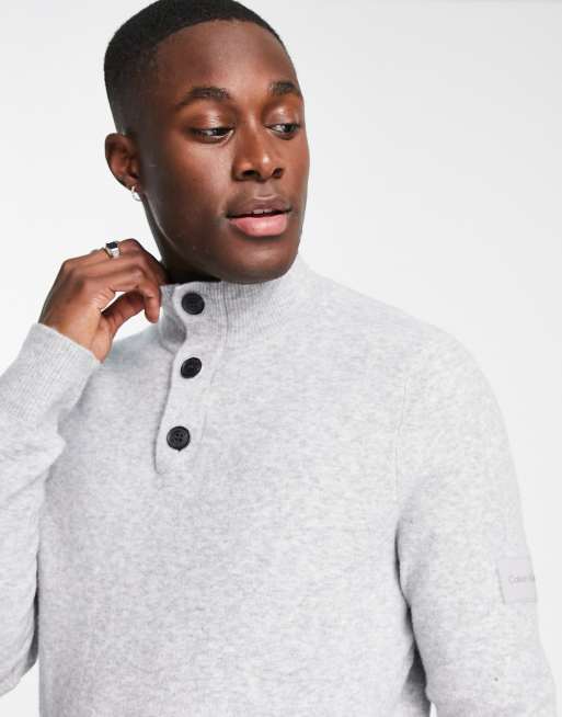 gray | neck Calvin in knit ASOS half heather Klein sweater button/zip