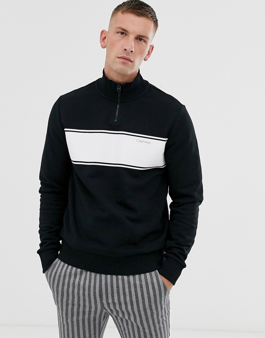 Calvin Klein half zip sweatshirt with chest stripe in black-White