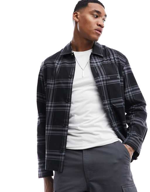 Calvin Klein – Hemdjacke aus Twill in Schwarz mit grafischem Karomuster