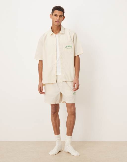 Calvin Klein - Heritage Crest - Cremefarvede pyjamasshorts i poplin med striber - Del af sæt, 2 af 5