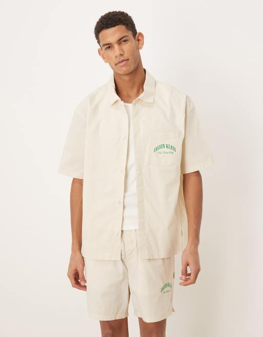 Calvin Klein – Heritage Crest – Vit, randig pyjamasskjorta i poplin, del av set