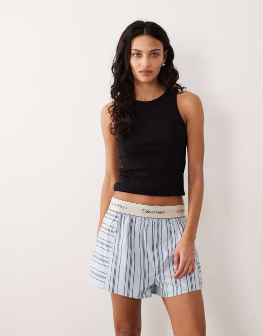 Calvin Klein - Heritage - Short en popeline de coton rayée avec taille à logo - Bleu, 2 de 5