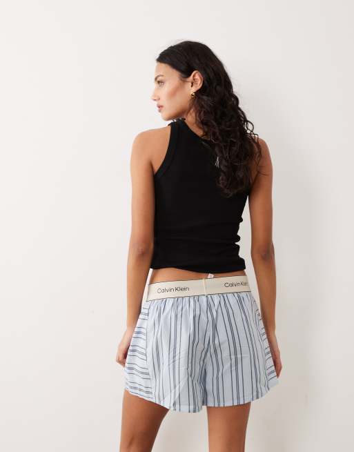 Calvin Klein – Heritage – Shorts aus Baumwollpopeline in Blau gestreift mit Logobund, 4 von 5