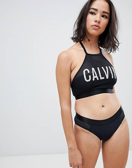 Calvin Klein High Neck Logo Mesh Bikini Top | ASOS