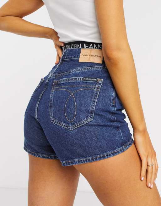 Calvin Klein High Rise Denim Shorts With Exposed Buttons In Dark Blue Asos