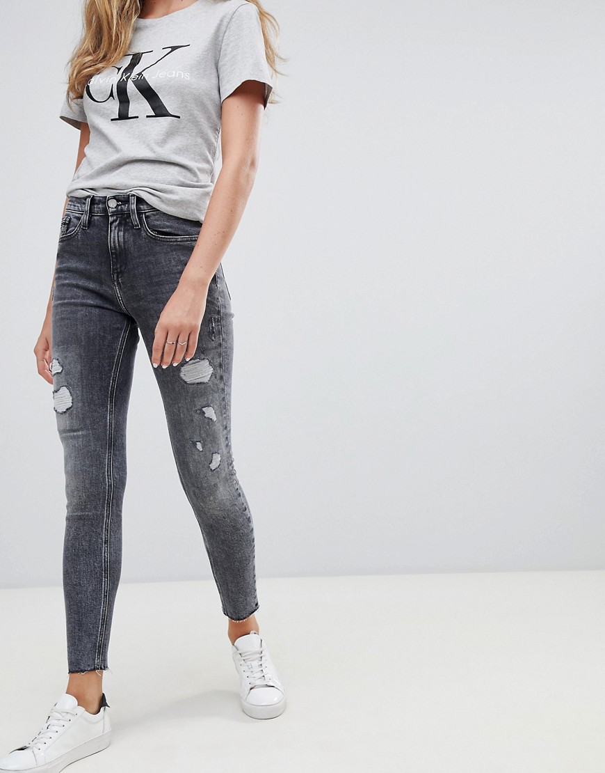 Calvin Klein high rise slashed skinny jeans-Grey