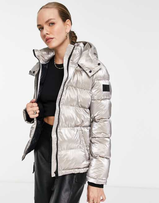 Calvin Klein high shine hooded padded jacket in smoke