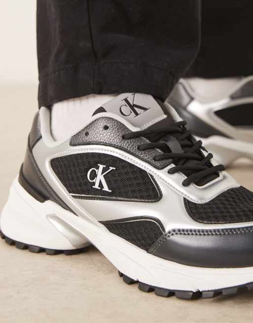 Calvin Klein hike runner lace up mesh sneakers in black with silver detail, 4 of 5