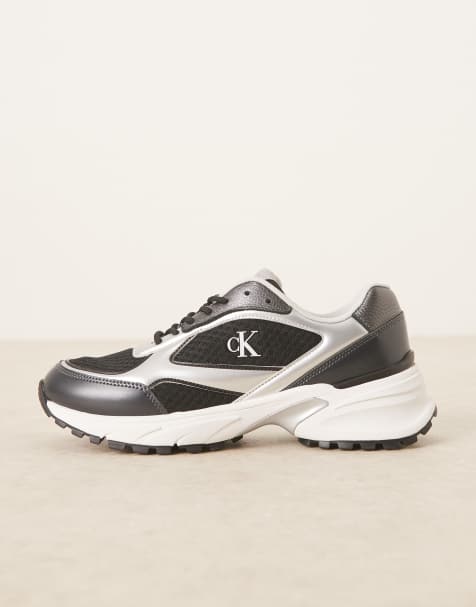 Calvin Klein hike runner lace up mesh trainers in black with silver detail - view 2