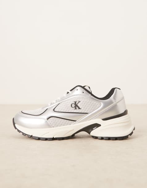 Calvin Klein hike runner lace up mesh trainers in silver - view 2