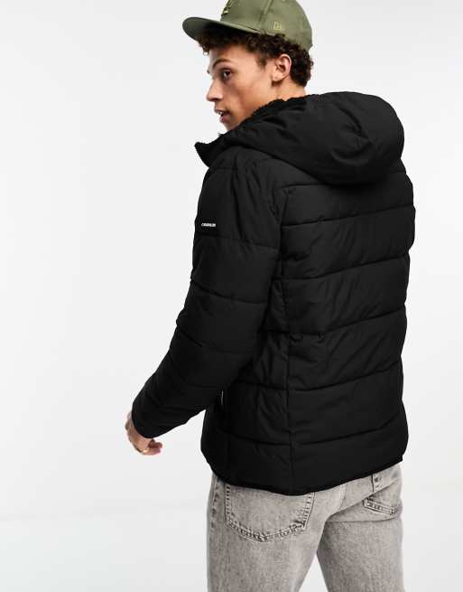 Calvin klein logo hooded best sale puffer jacket