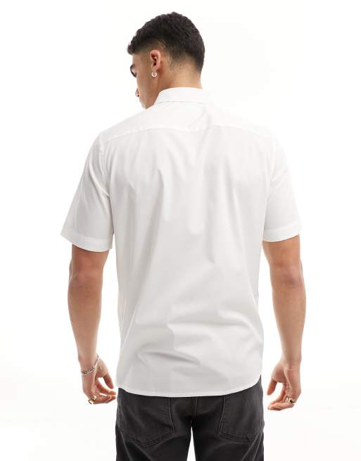 Calvin Klein - Hvid poplin-skjorte med korte ærmer og stretch i regular fit, 4 af 4