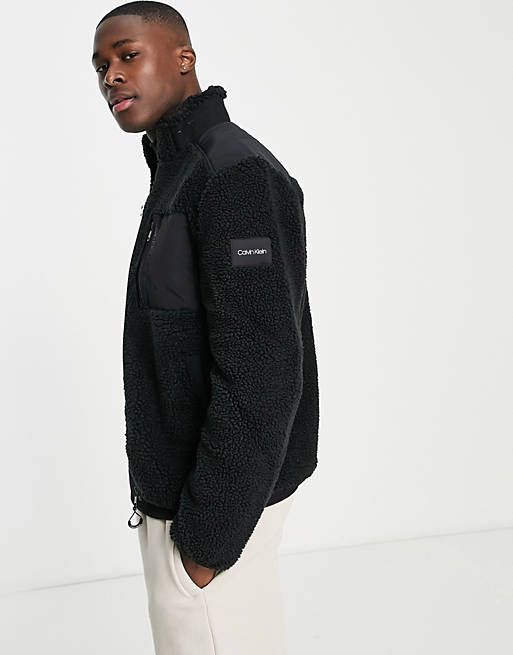 Calvin Klein hybrid teddy borg zip through jacket in black | ASOS
