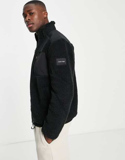 Calvin Klein hybrid teddy borg zip through jacket in black ASOS