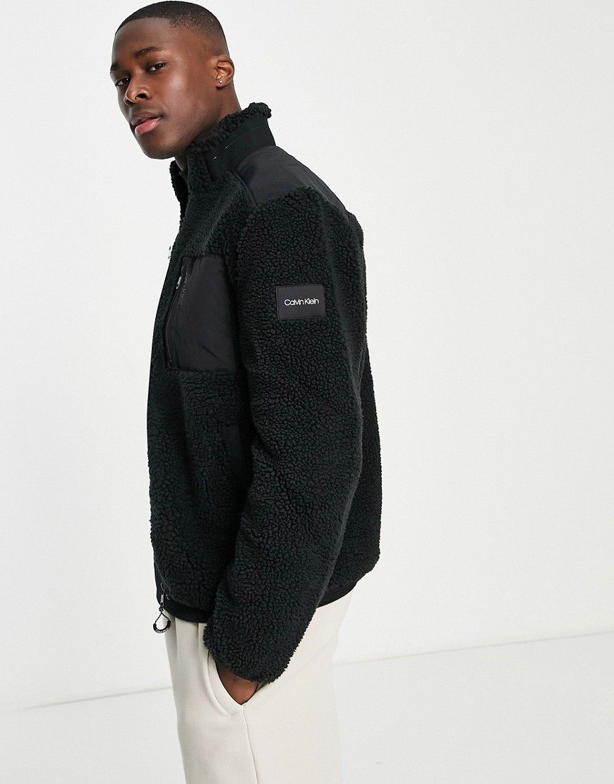 Calvin Klein hybrid teddy fleece zip through jacket in black