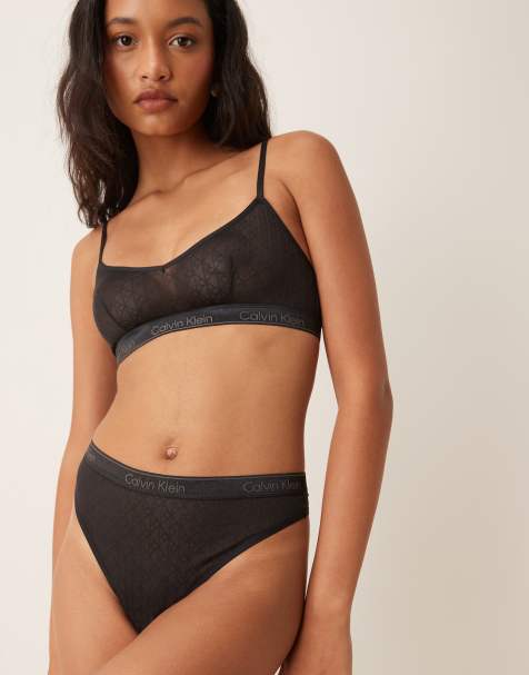 Calvin Klein Icon Cotton Modal Monogram mesh lingerie thong in black - view 1