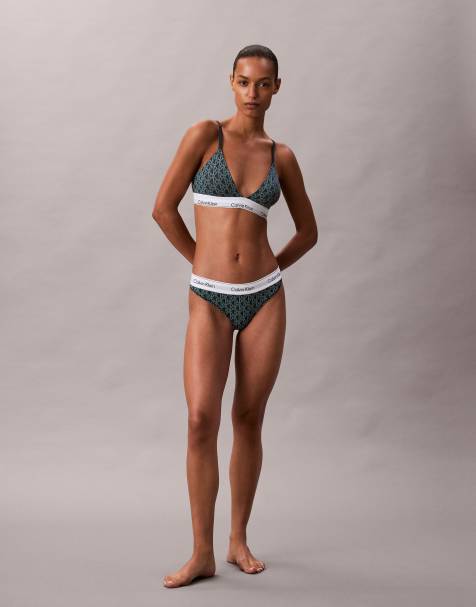 Calvin Klein icon cotton modal triangle bra thong set in blue emblem print - view 1