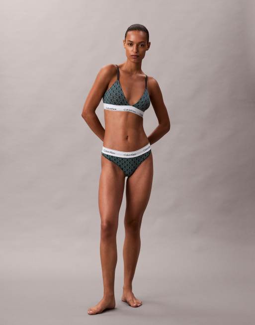 Calvin Klein icon cotton modal triangle bra thong set in blue emblem print