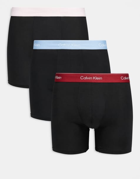 Calvin Klein Icon Cotton Stretch 3 pack boxer briefs in black with red/blue/cream waistbands - view 1