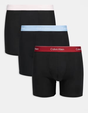 Calvin Klein Icon Cotton Stretch 3 pack boxer briefs in black with red/blue/cream waistbands