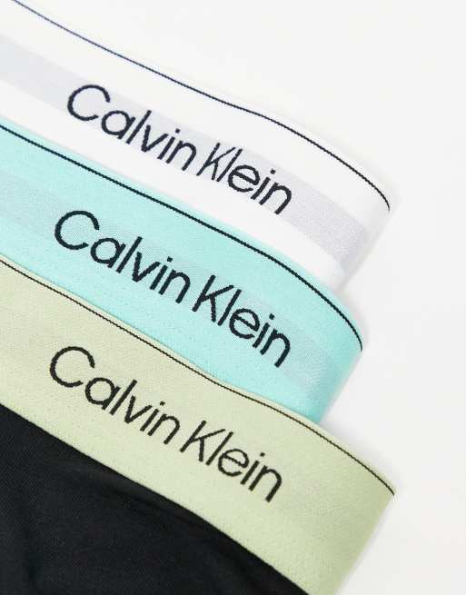 Calvin Klein Icon Cotton Stretch 3 pack darted trunks in black with green waistbands, 2 of 3