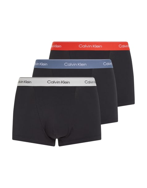 Calvin Klein Icon Cotton Stretch 3 pack darted trunks in black with red/grey/blue waistbands - view 1