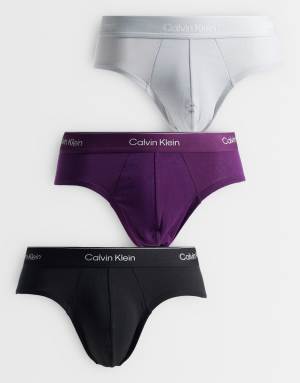Calvin Klein Icon Cotton Stretch 3 pack hip brief in black/grey/purple