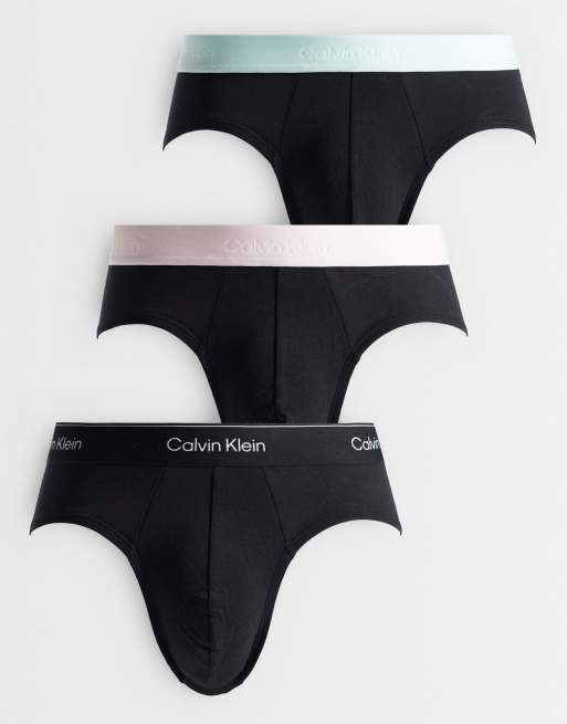 Calvin Klein Icon Cotton Stretch 3 pack hip briefs in black with colored waistbands