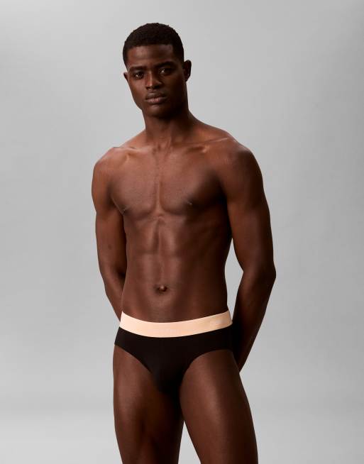 Calvin Klein Icon Cotton Stretch 3 pack hip briefs in black with colored waistbands, 3 of 4