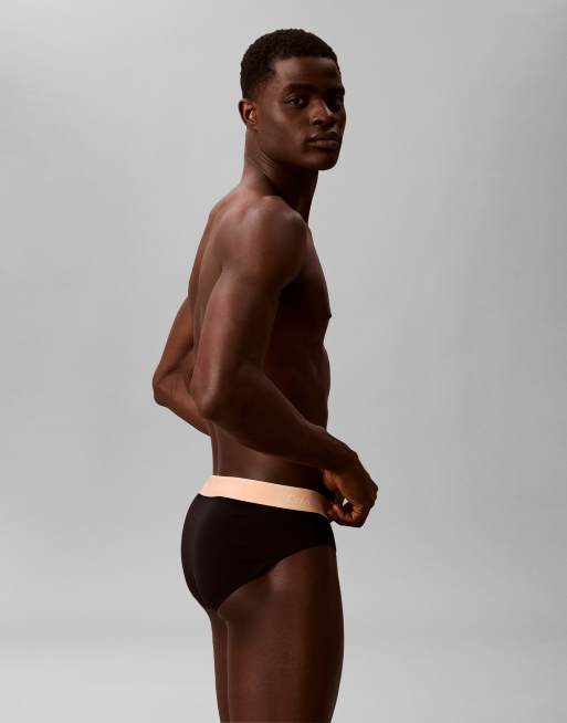 Calvin Klein Icon Cotton Stretch  3 pack hip briefs in black with coloured waistbands, 4 of 4